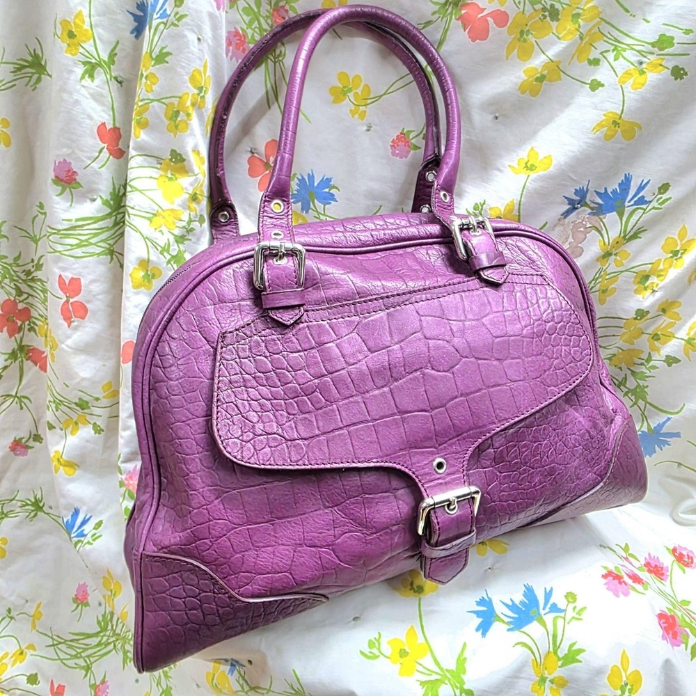 Nordstrom Purple Croc Leather Satchel Bag Purse Large Top Handle Travel Italy